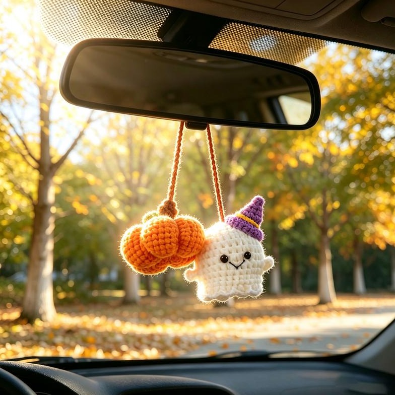 Halloween Car Charm - Hand-Crocheted Ghost